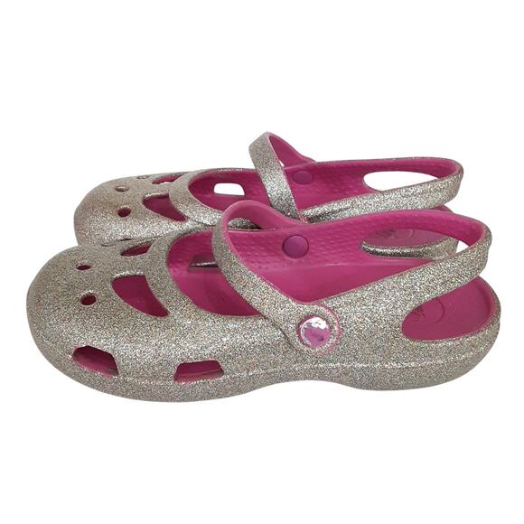 Crocs Shayna Mary Jane Slip On Shoes Girls 12 Hi Glitter Gold Pink Ballet Flats - Picture 2 of 8